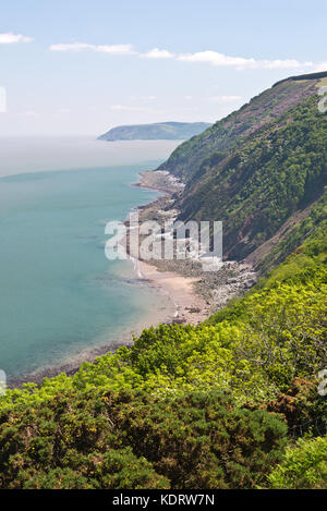 Vista panoramica lungo la North Devon Coast dal punto di desolazione guardando verso il vecchio Burrow Hill,sulla costa sud ovest percorso nel Parco Nazionale di Exmoor, REGNO UNITO Foto Stock