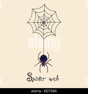 Spider e web con iscrizione, xilografia stile design, disegnati a mano doodle, schizzo in pop art stile, colore isolato illustrazione vettoriale Illustrazione Vettoriale
