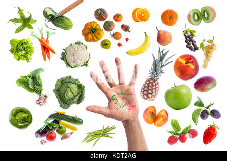 Concetto di cibo sano, vari frutti e verdure mangiare cinque volte al giorno scritto in una mano al centro su sfondo withte Foto Stock