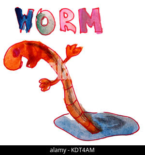 I bambini di disegno acquerello worm cartoon terra su un backgr bianco Foto Stock