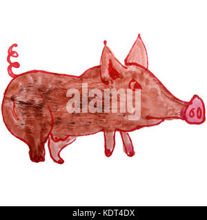 Disegno ad acquerello kids cartoon pig su sfondo bianco Foto Stock