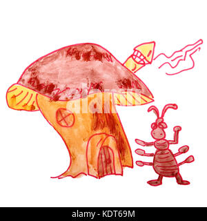 Disegno di un bambini acquerello ant cartoon casa su un bianco backg Foto Stock