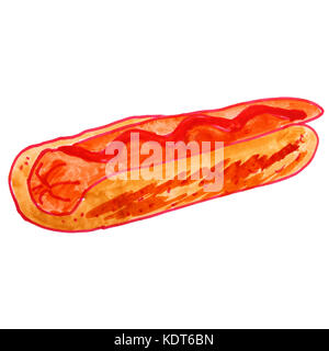 Disegno ad acquerello un cartone animato per bambini hot dog su un backgro bianco Foto Stock