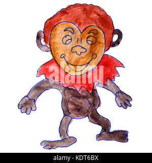 Disegno ad acquerello un cartone animato per bambini monkey su un backgrou bianco Foto Stock