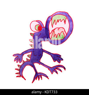 Acquerello blue monster con enormi denti e bocca cartoo disegno Foto Stock