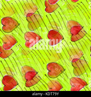 Carta da parati per artisti acquerelli senza cuciture Red Hearts texture moderna o Foto Stock