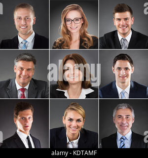 Collage di uomini d'affari sorridenti che affrontano ritratti. Uomini e donne felici Foto Stock