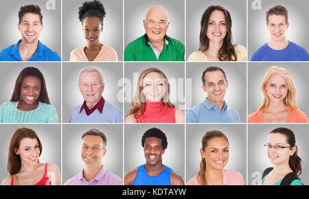 Collage di gente casuale sorridente gruppo con etnicità differente su sfondo grigio Foto Stock
