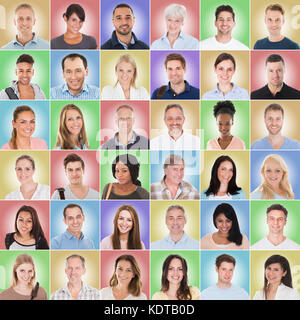 Collage di gruppo casuale di persone con etnicità diversa su sfondo colorato Foto Stock