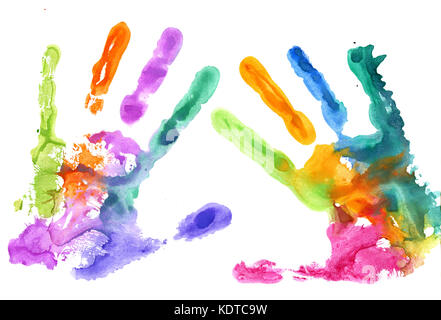 Multicolori stampe a mano su sfondo bianco Foto Stock