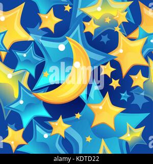 Modello senza giunture stelle e luna su sfondo blu Illustrazione Vettoriale