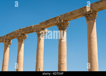 Colonne corinzie lungo il Cardo con foglie di acanto decorazione, città romana di Jerash, antica Gerasa, sito archeologico della Giordania, Medio Oriente Foto Stock