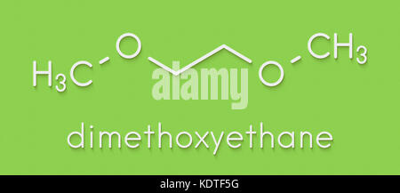 Dimetossietano (glyme, DME, dimetilene glicol) solvente chimico molecola di formula scheletrico. Foto Stock