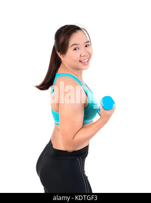Asian chubby donna holding di pesi di esercizio Foto Stock