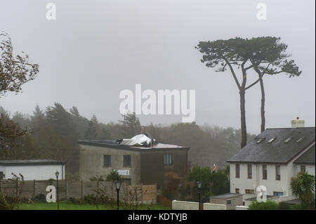 Schull, Irlanda. Xvi oct, 2017. Regno Unito Meteo. Ex-Hurricane Ofelia hits Schull, Irlanda con venti di 80kmh e raffiche di 130km/h. Ingenti danni strutturali è atteso come il peggio deve ancora venire. Il tetto del Schull Irish Coast Guard edificio è raffigurato parzialmente espulsa a causa del forte vento. Credito: Andy Gibson/Alamy Live News. Foto Stock