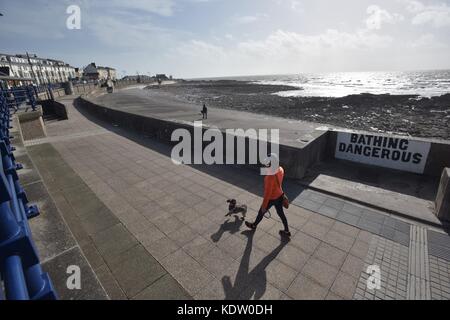 Porthcawl, Wales, Regno Unito. Xvi oct, 2017. uk meteo. la calma prima della tempesta di porthcawl, dove una donna sta giocando con il suo cane e le persone sono seduti in riva al mare in una giornata di sole e una brezza leggera centinaia di miglia dalla tempesta di centro in Irlanda. Credito Foto: Ian homer/ alamy live news Foto Stock