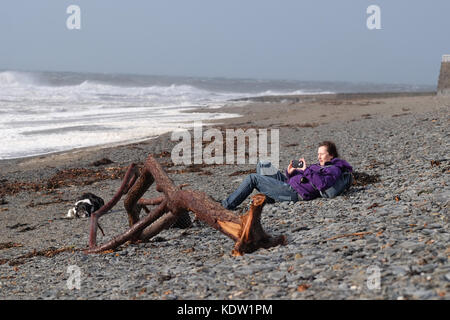 Aberystwyth, ceredigion, Wales, Regno Unito. Xvi oct, 2017. uk meteo. Una donna sulla spiaggia con il suo cane prende le foto delle onde che si infrangono come i forti venti supera i 50km/h sulla spiaggia a aberystwyth - i forti venti stanno venendo da sud-ovest attraverso il mare irlandese sulla West Wales coast come tempesta ofelia approcci - foto steven maggio / alamy live news Foto Stock