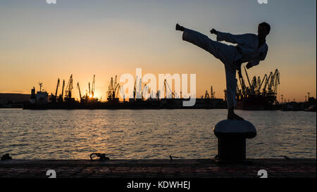 Arti marziali training da soli sul molo sul mare, mettere in pratica i suoi si sposta sul tramonto e gru portuali sfondo. vedere il mio portfolio per ulteriori opzioni. Foto Stock