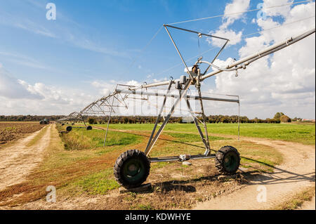 Centro di imperniamento del sistema di irrigazione in un campo. Foto Stock