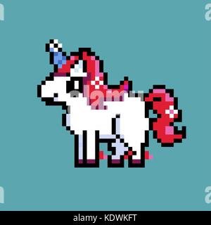 Red unicorn in piedi su sfondo blu Illustrazione Vettoriale