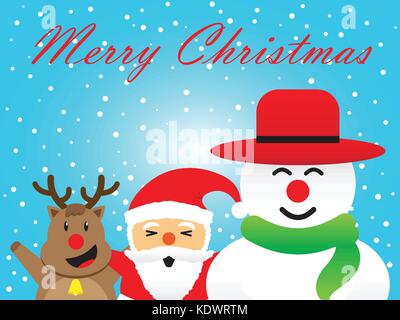 Buon Natale, tre compagni, carino di renne, paffuto santa claus, e paffuto pupazzo di neve è in piedi insieme allegramente tra la neve su sfondo blu Illustrazione Vettoriale