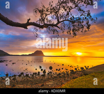 Un paesaggio fantastico. vista di Le Morne Brabant al tramonto. isola Mauritius. Foto Stock