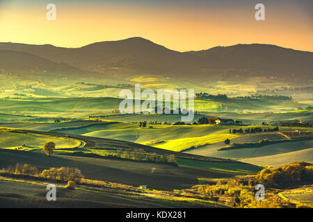 Campagna toscana misty panorama, colline e prati verdi sul tramonto. Pisa Italia, Europa Foto Stock