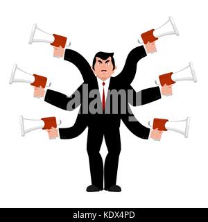 Boss e megafono. imprenditore e un sacco di mani. Il regista rimprovera attraverso bullhorn. dare ordini e istruzioni. chief è malvagio. illustratio vettore Illustrazione Vettoriale