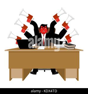 Boss e megafono. imprenditore e un sacco di mani. Il regista rimprovera attraverso bullhorn. dare ordini e istruzioni. chief è malvagio. illustratio vettore Illustrazione Vettoriale