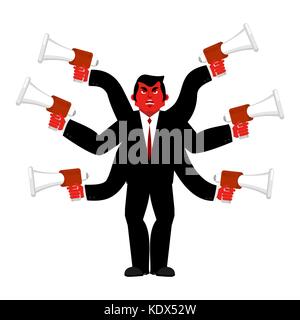 Boss e megafono. imprenditore e un sacco di mani. Il regista rimprovera attraverso bullhorn. dare ordini e istruzioni. chief è malvagio. illustratio vettore Illustrazione Vettoriale