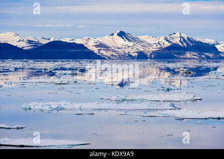 Vista offshore di fronte mare di ghiaccio a montagne sulla costa est alle 2 del mattino in estate artica. Storfjorden (grande Fjord), isola Spitsbergen, Svalbard, Norvegia Foto Stock