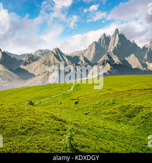 Pendii erbosi e picchi rocciosi composito. stupendo paesaggio estivo con la magnifica montagna cresta oltre al piacevole prati verdi. bella ventola surreale Foto Stock