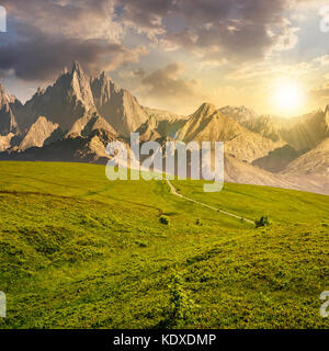 Pendii erbosi e picchi rocciosi composito. stupendo paesaggio estivo con la magnifica montagna cresta oltre al piacevole prati verdi. bella ventola surreale Foto Stock