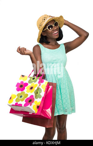 Cliente con borse per lo shopping e la spiaggia hat Foto Stock