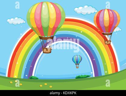 Palloncini colorati volare sopra il Rainbow illustrazione Illustrazione Vettoriale
