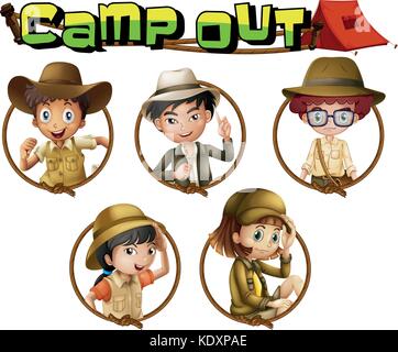 Kids in safari outfit sul round illustrazione dei badge Illustrazione Vettoriale