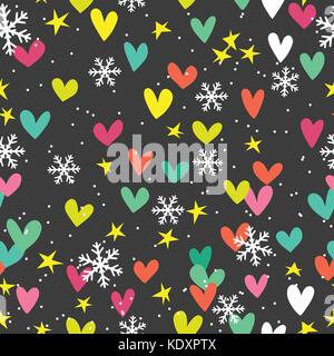 Natale seamless pattern con stelle, cuori e fiocchi di neve Illustrazione Vettoriale