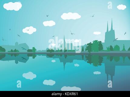 Paesaggio con vecchi edifici della città, fiume, alberi, cielo e uccelli Illustrazione Vettoriale