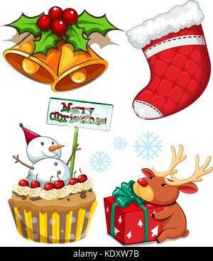 Set di natale con pupazzo di neve e la campana illustrazione Illustrazione Vettoriale