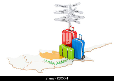 Cipro concetto di viaggio. Mappa con le valigie e segnaletica, rendering 3D Foto Stock