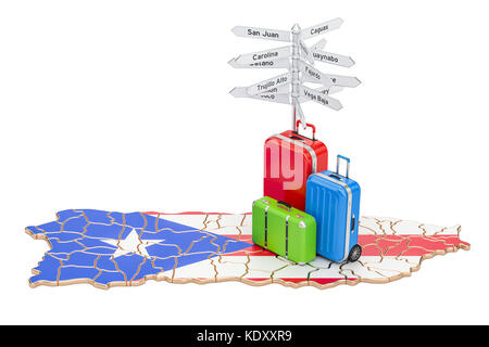 Puerto Rico concetto di viaggio. Mappa con le valigie e segnaletica, rendering 3D Foto Stock