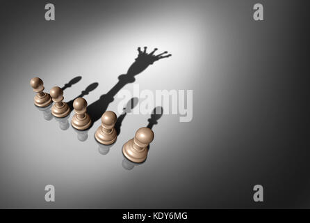 Concetto di leader e leadership come un gruppo di scacchi pedina pezzi con un pezzo unico ottenuto per fusione di un ombra di un re come una metafora per il potenziale. Foto Stock