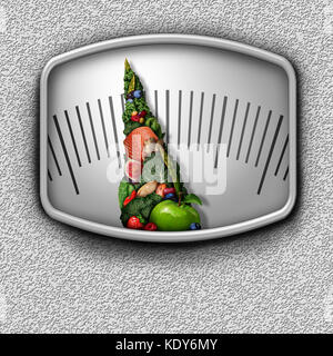 Cibo sano peso scala di nutrienti a base di frutta verdura e proteina conformata come un quadrante di misurazione ago come una dieta il concetto di controllo. Foto Stock