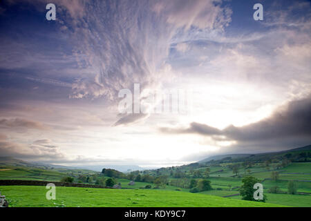 Una vista serale di wensleydale nello Yorkshire, preso dalla a684 vicino bainbridge. Foto Stock