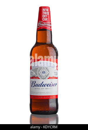 LONDRA, UK - 21 MARZO 2017 : bottiglia di birra Budweiser con nuovo tappo a vite su sfondo bianco. Una lager americana introdotta per la prima volta nel 1876. Foto Stock