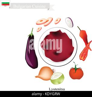 Cucina bulgara, illustrazione di lyutenitsa o diffusione tradizionale salsa di peperoni, carote, melanzana, cipolla, aglio, olio, zucchero, sale e toma Illustrazione Vettoriale