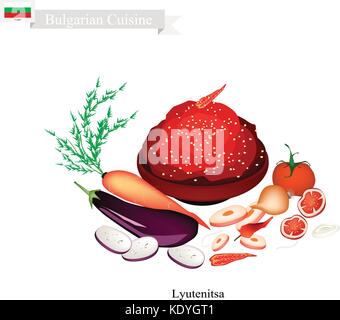 Cucina bulgara, illustrazione di lyutenitsa o diffusione tradizionale salsa di peperoni, carote, melanzana, cipolla, aglio, olio, zucchero, sale e toma Illustrazione Vettoriale