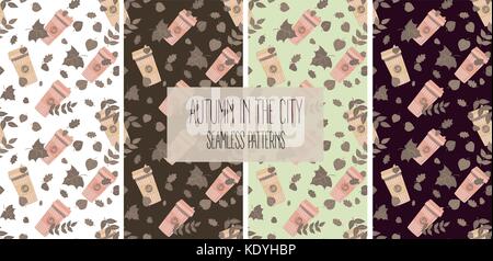 Autunno in città seamless pattern. set di carta monouso Tazze di caffè in foglie pattern. mug illustrazione vettoriale. Illustrazione Vettoriale