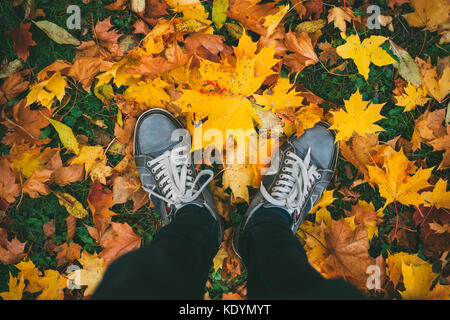 Gambe di adolescenti in sneakers e jeans in piedi sul suolo con foglie di autunno, vista dall'alto, prospettiva inusuale Foto Stock