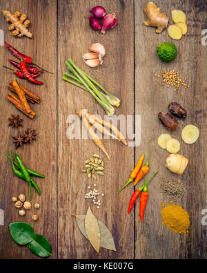 Varie indiana di spezie e erbe aromatiche. cottura Ingredienti e rosso pasta di curry . ingredienti della thai cibi popolari su legno rustico sfondo. Tutte le spezie Foto Stock